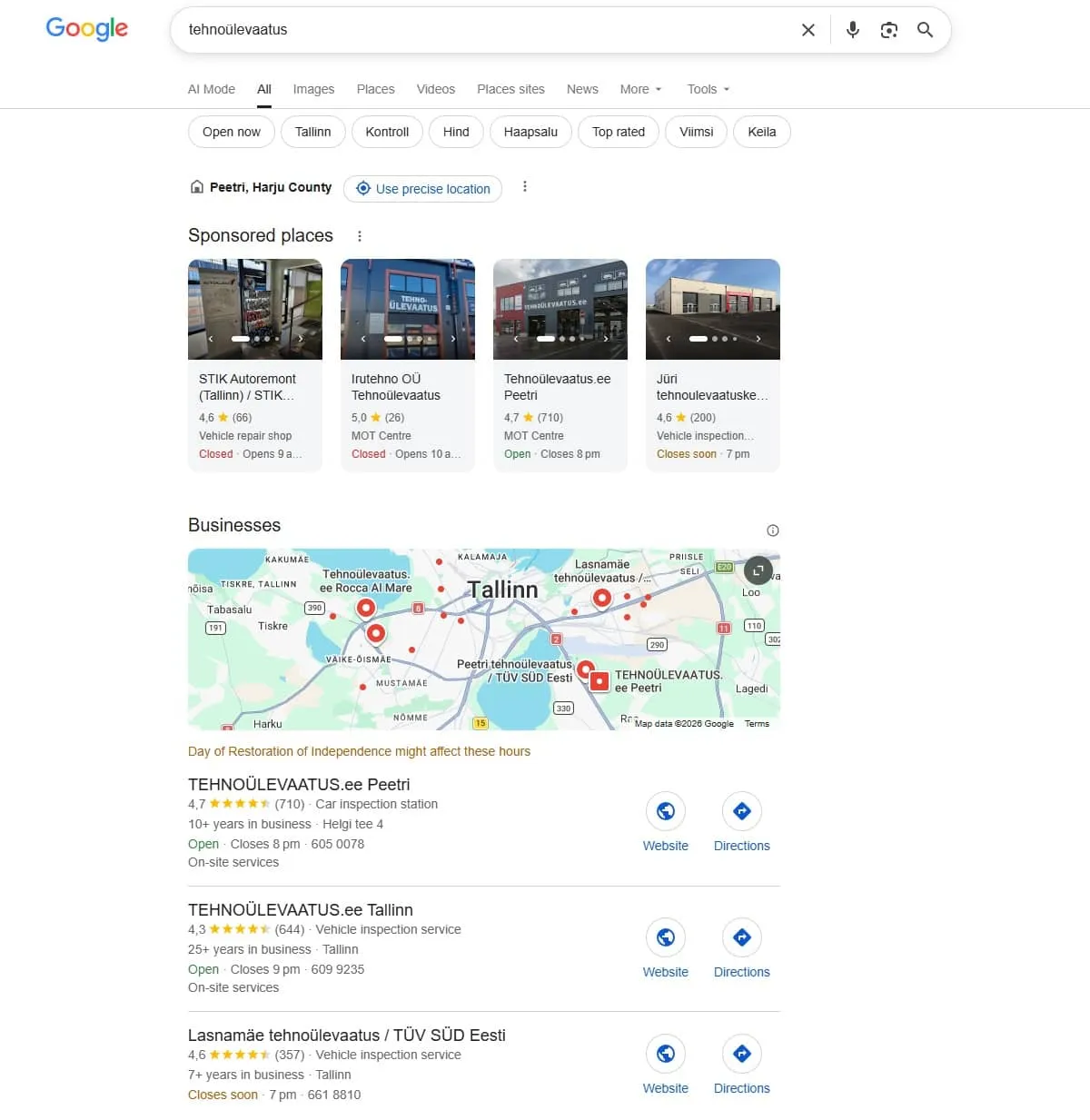 Результат поиска "техосмотр" на Google Картах в районе Таллина — локальная тройка и спонсируемые места